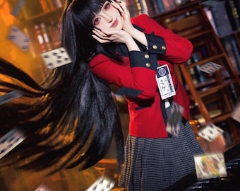 Yumeko Jabami cosplay, Yumeko uniform outfit, red school uniform cosplay, gambling style costume, female student cosplay, full cosplay set