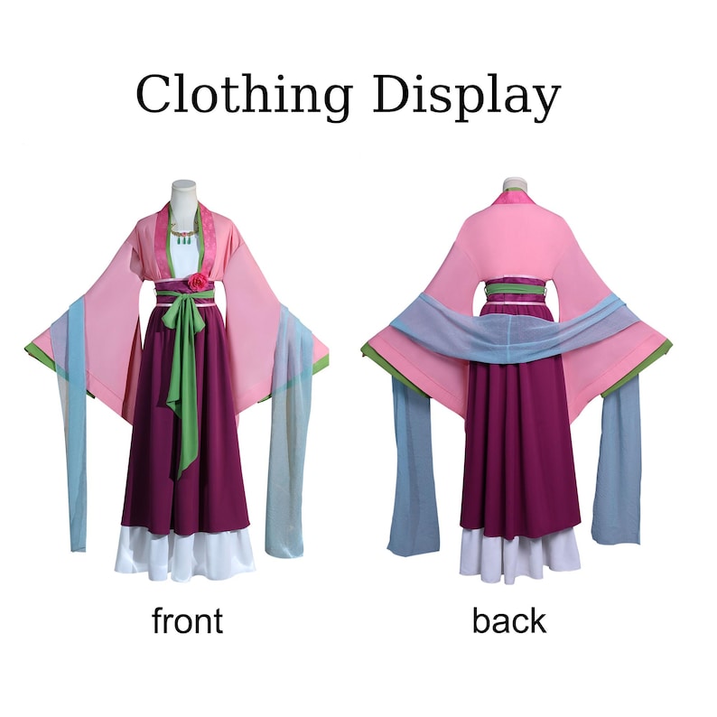 May include: A two-piece costume displayed front and back. The costume features a pink top with long, flowing sleeves and a dark purple skirt. The sleeves have blue and green accents. The text "Clothing Display" is at the top.