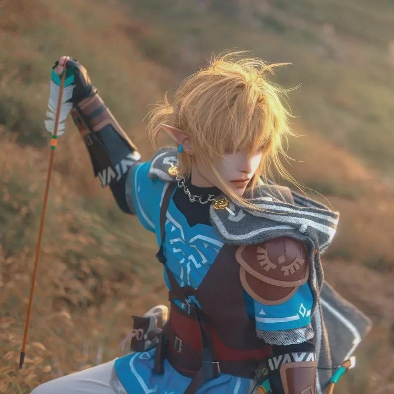 May include: A cosplay of a character from The Legend of Zelda. The costume features a blue tunic with white accents, brown leather armor, and a gray cape. The character is holding a bow and arrow with a feathered end. The background is a grassy field.