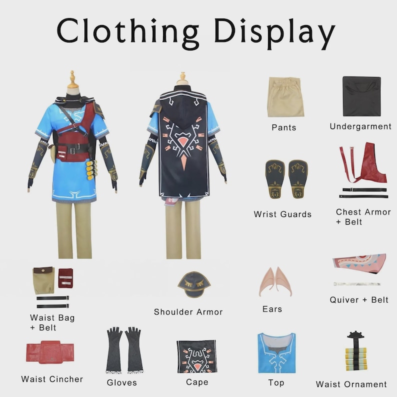 May include: A display of cosplay clothing, including a blue tunic, brown pants, and a black cape with white and red accents. Accessories include wrist guards, a chest armor with belt, and a waist bag. The text "Clothing Display" is at the top.