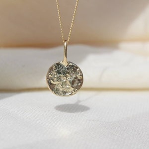 Solid gold Melted Full Moon,9ct or 14 yellow gold, Round circle gold pendant, Sustainable Jewellery, Layering necklace, handengraveable