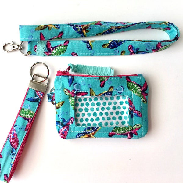 Zip ID Case - Personalized gift- Wristlet Key Fob - Nautical - Sea turtles pattern - Monogram Key Chain - Keychain wristlet