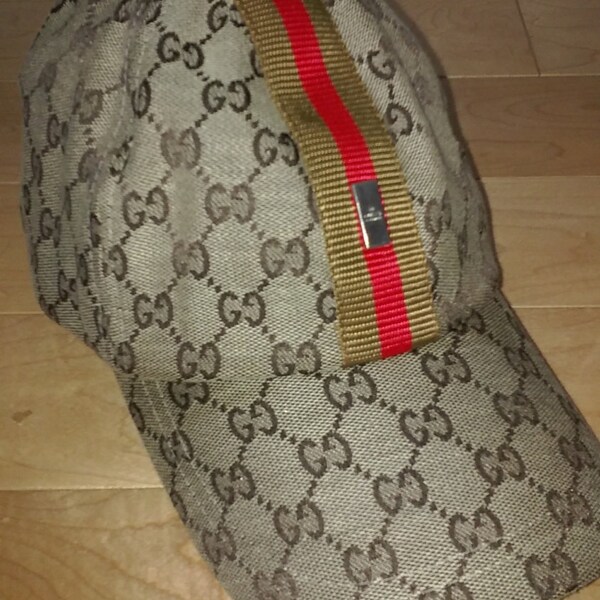 Gucci monogram baseball hat cap beige brown made in Italy red brown stripe,  sz M