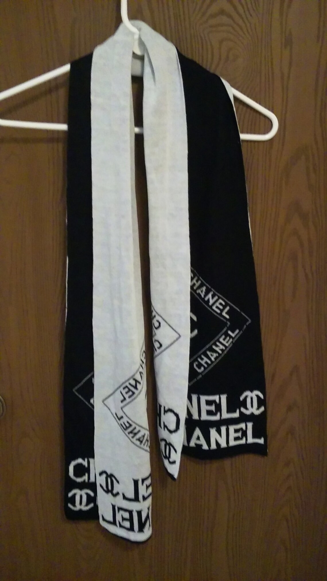 CHANEL knit logo scarf black ivory silk blend 11 x Etsy