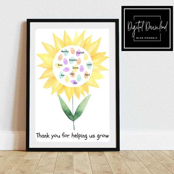 DIGITAL DOWNLOAD -- Thank you teacher -- Fun for the whole class -- Sunflower Finger Print -- Keepsake -- Fun -- UK seller