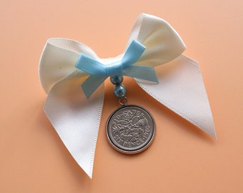 Lucky Sixpence Charm Brooch - Traditional Something Blue Wedding Gift Handcrafted for the Bride