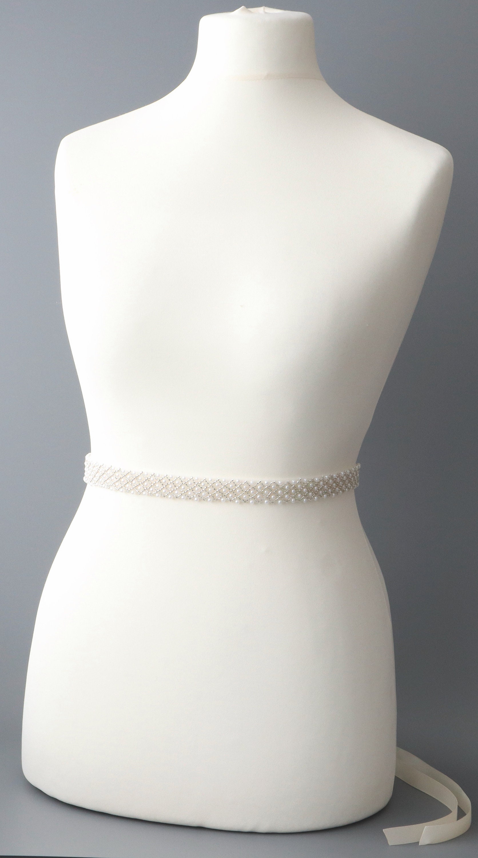 Hand Beaded Bridal Belt Ivory Silver Wedding Sash 27.5” Fit Handcrafted Ivory Pearl Wedding Dress Belt | Silver Beaded  main image 3