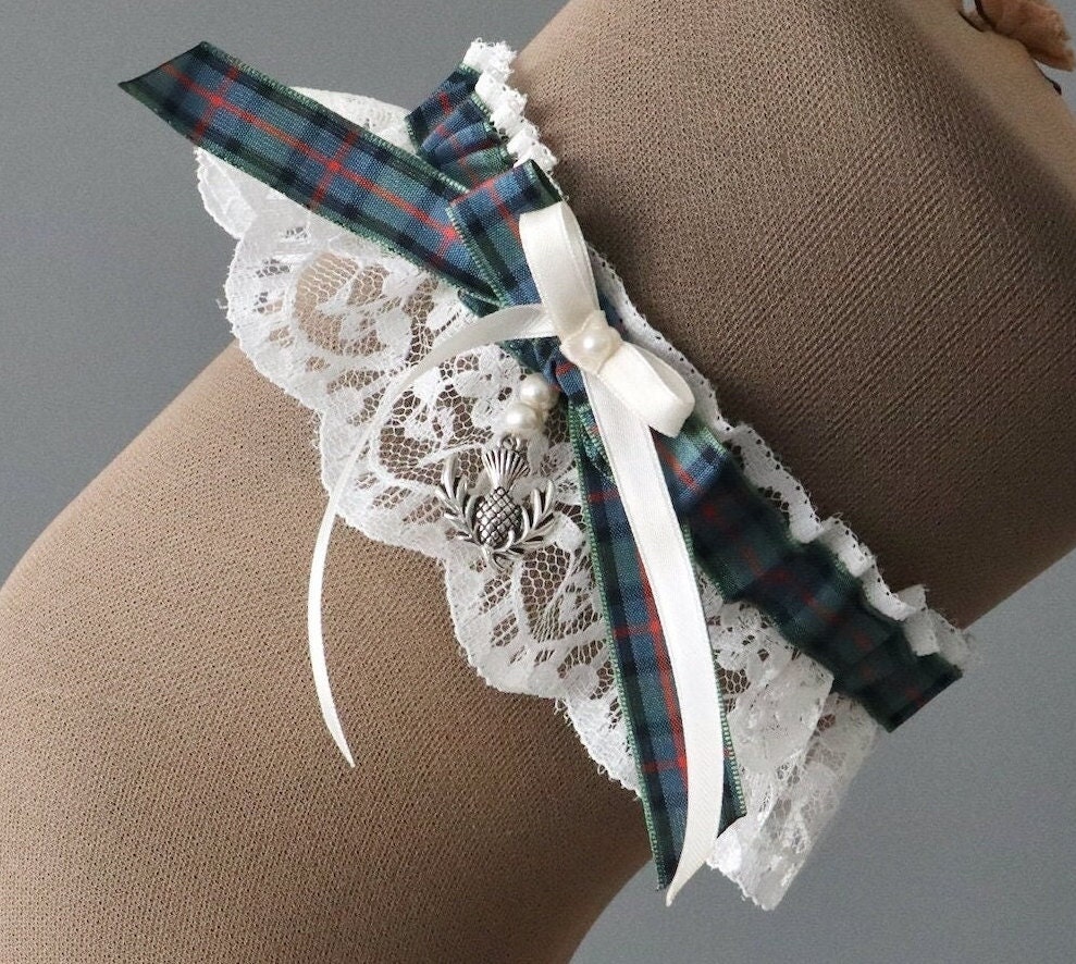 Tartan Wedding Garter | Scottish Thistle, Ivory Lace Bridal Accessory