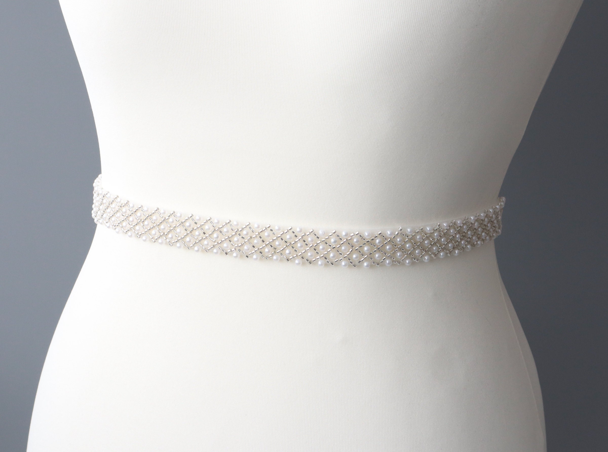 Handcrafted Ivory Pearl Wedding Dress Belt | Silver Beaded  display picture 2