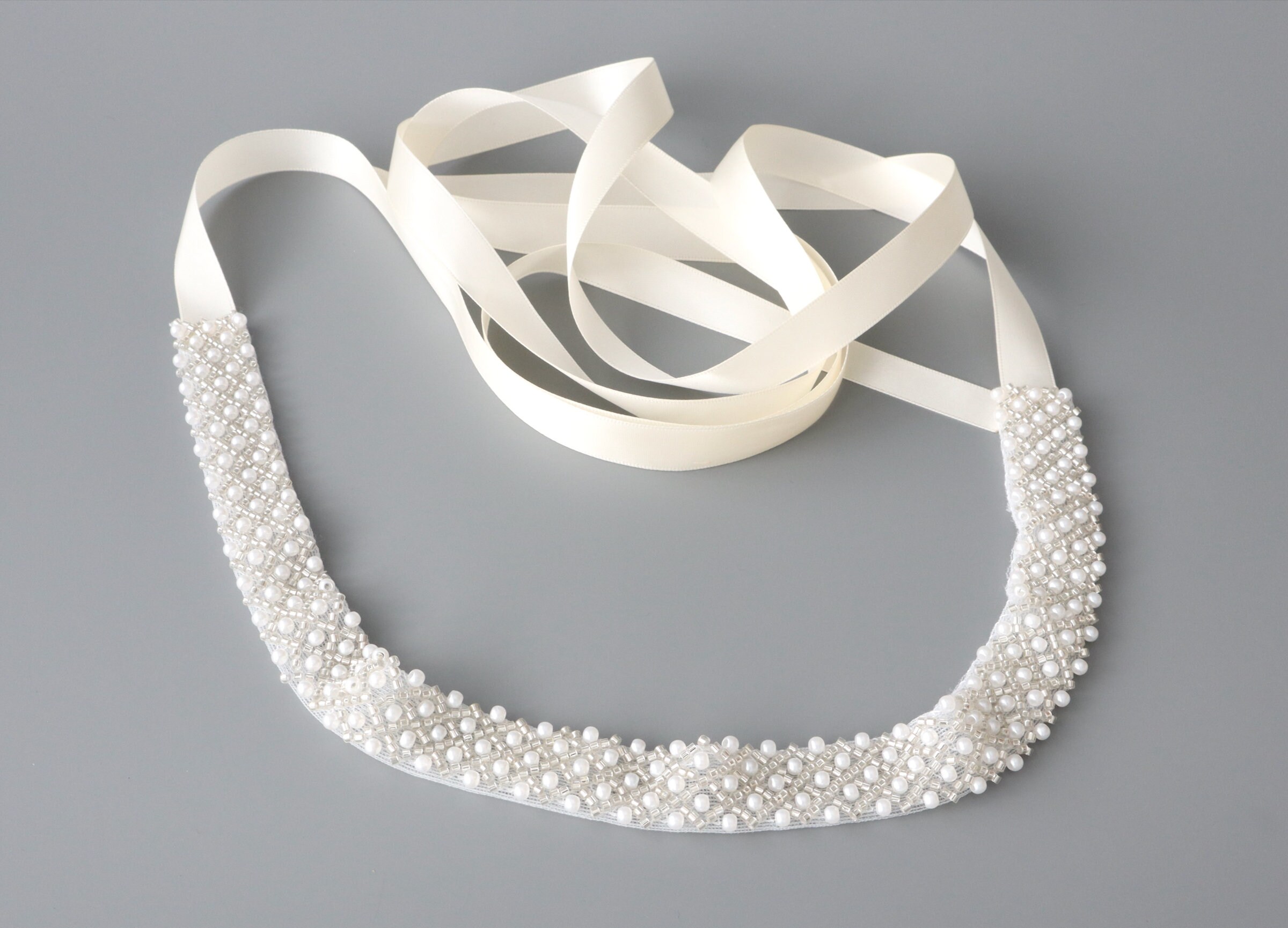 Handcrafted Ivory Pearl Wedding Dress Belt | Silver Beaded 