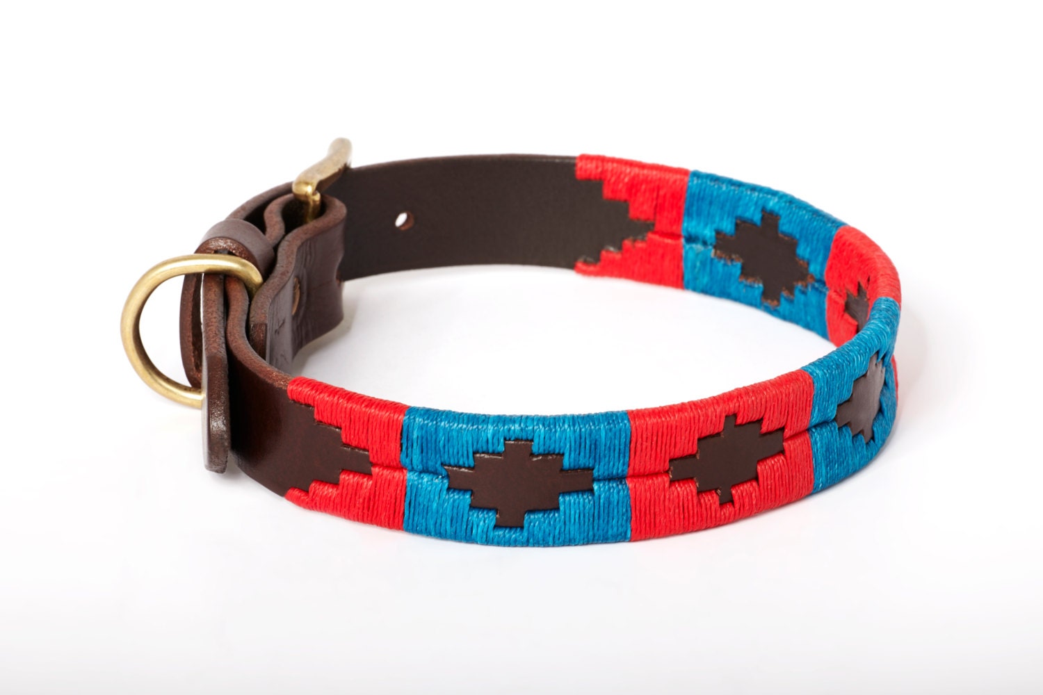 Collier Pour Chien en Cuir d'argentine Bleu Rouge Brodé Main Par Kamyno