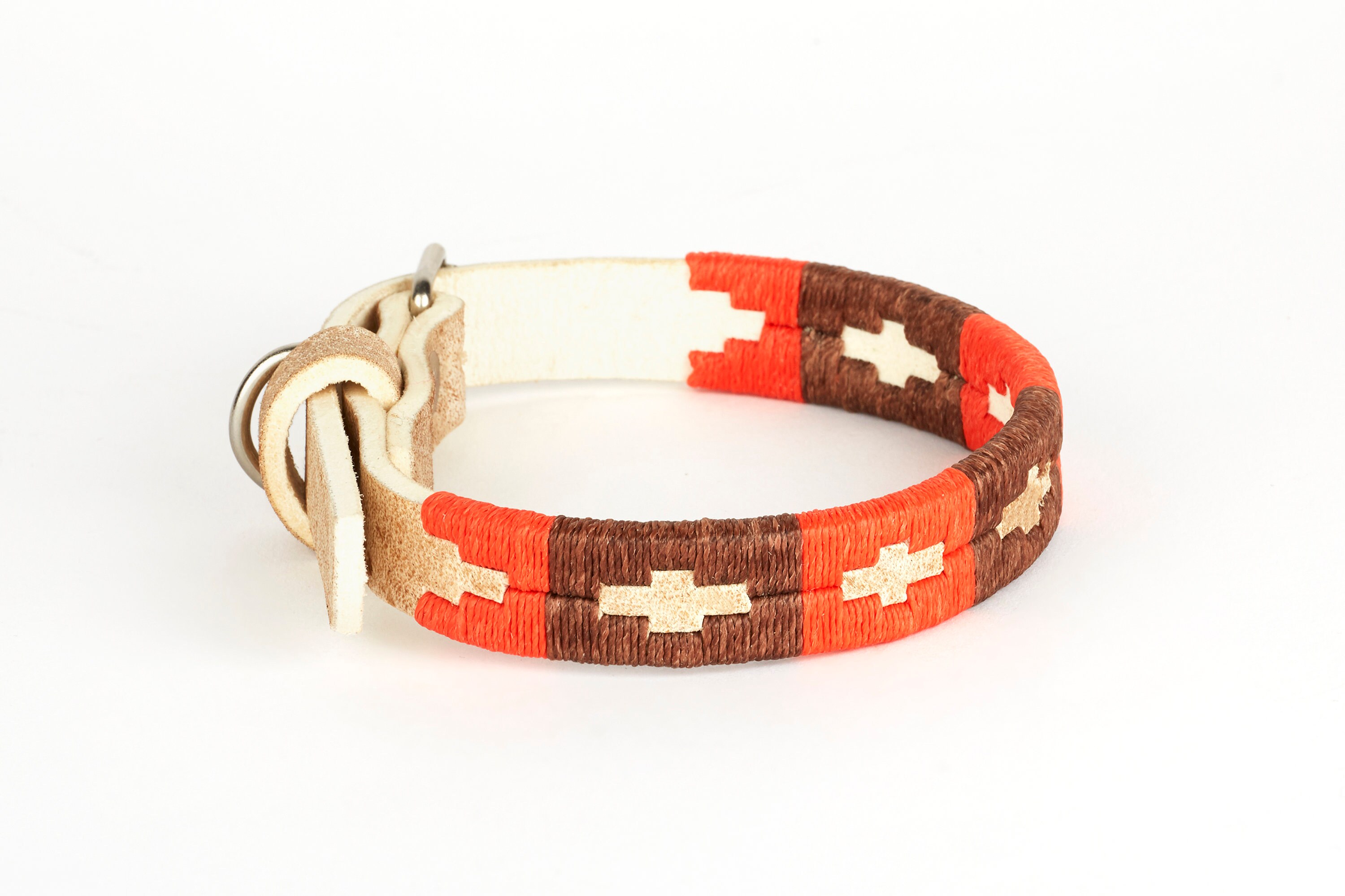 Marron Orange, Spécial Petits Chiens, Collier d'argentine, Cuir Cognac, Brodé Main