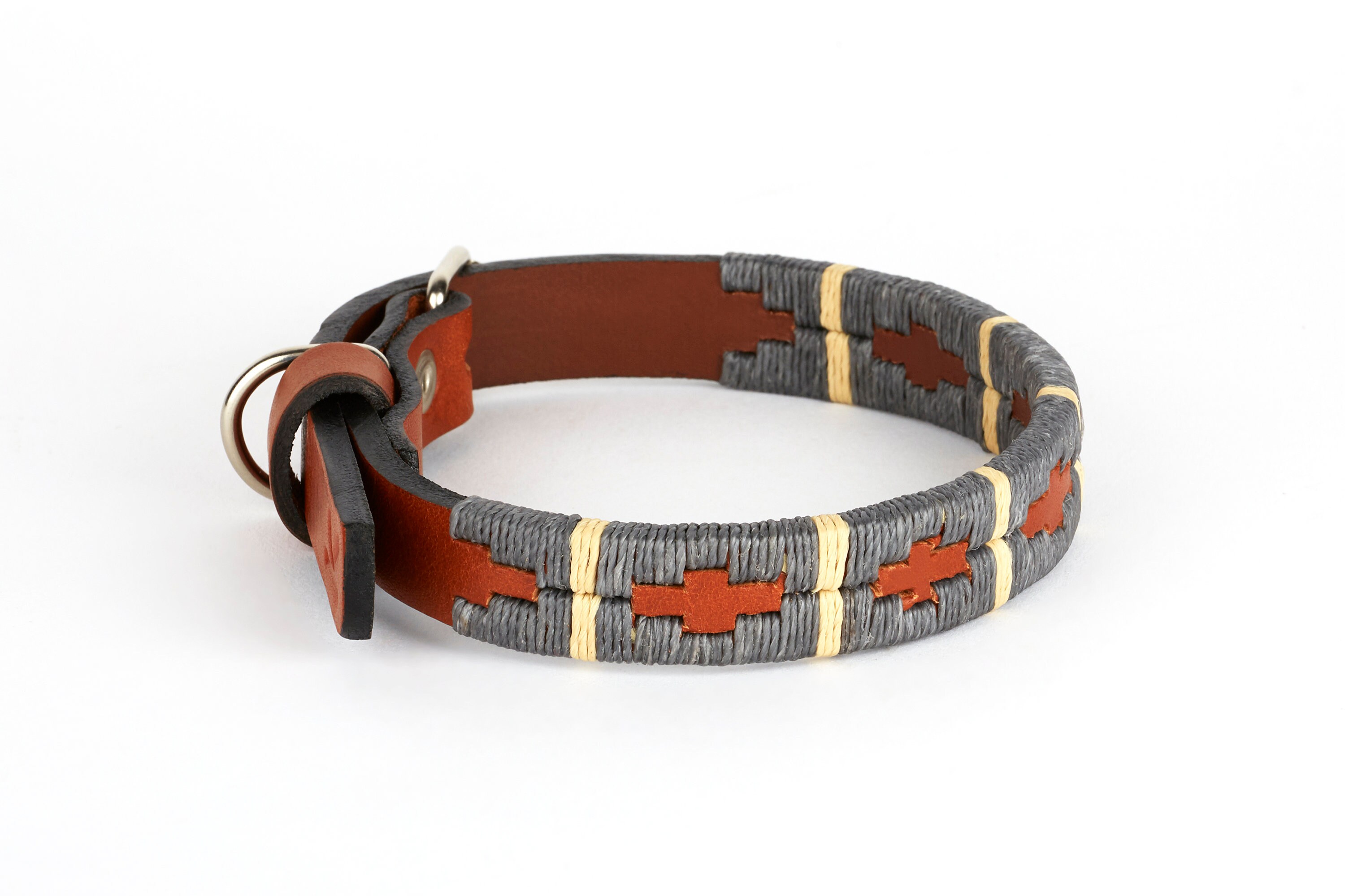 Gris Beige, Spécial Petits Chiens, Collier d'argentine, Cuir Cognac, Brodé Main