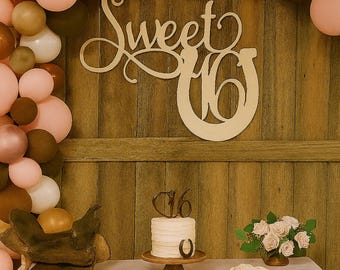 Western Birthday Candelabra Party Sweet 16 horseshoe backdrop balloon sign - Sweet 16 name cutout - Wood Sweet 16 Birthday Party Decor