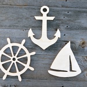 NAUTICAL Wood Cut-outs, Wood cutouts, Wood cut-outs- 3 pieces, Wooden Anchor, Wooden Ship Wheel, Wooden Sailboat set of 3 pieces