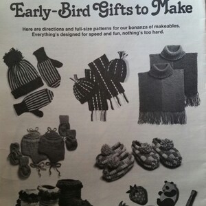 May include: A magazine page with the title "Bazaar Best-sellers & Early-Bird Gifts to Make". The page features a variety of crocheted items, including hats, mittens, scarves, slippers, and boots. The items are all in black and white.