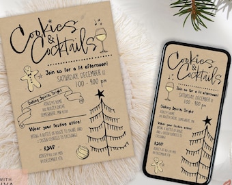 Cookies & Cocktails Weihnachtsfeier-Einladung Canva Vorlage (Digital)