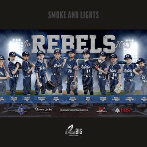 Rebels Smoke and Lights Baseball Banner Photoshop Template - 8&#39;x4&#39; and 6&#39;x4&#39; PSD File