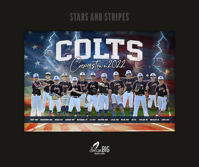 May include: A baseball team, the Colts, pose for a team photo in front of an American flag backdrop. The team is wearing matching uniforms with the team name and number on the front. The photo is taken on a baseball field with a red, white, and blue striped background. The text "Cooperstown 2022" is written in cursive above the team name.