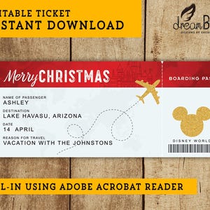 Feliz Natal Disney Passagem Aérea - Cartão de Embarque para Imprimir - Viagem Surpresa ou Presente de Voo - DOWNLOAD INSTANTÂNEO - Texto EDITÁVEL
