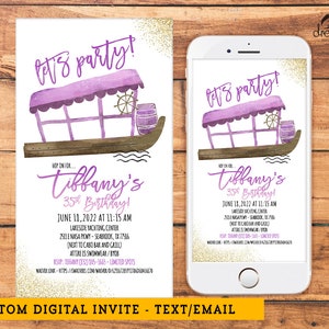 May include: Purple and gold digital invitation with a watercolor illustration of a boat. The text reads "Let's party!" and "Tiffany's 35th Birthday!" with details about the event, including the date, time, location, and RSVP information.