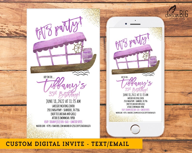 May include: Purple and gold digital invitation with a watercolor illustration of a boat. The text reads "Let's party!" and "Tiffany's 35th Birthday!" with details about the event, including the date, time, location, and RSVP information.