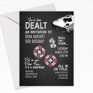 Geburtstagseinladung im Kasino-Poker-Vegas-Stil, Glücksspiel-Party einladen, Würfel & Karten, Überraschungsparty für Erwachsene, personalisiert für Sie!