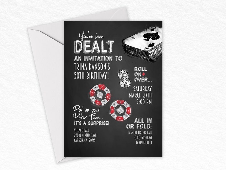 Casino Poker Vegas Style Birthday Invitation, Gambling Party Invite, Dice & Cards, Adult Surprise Party, Personalized for You image 1