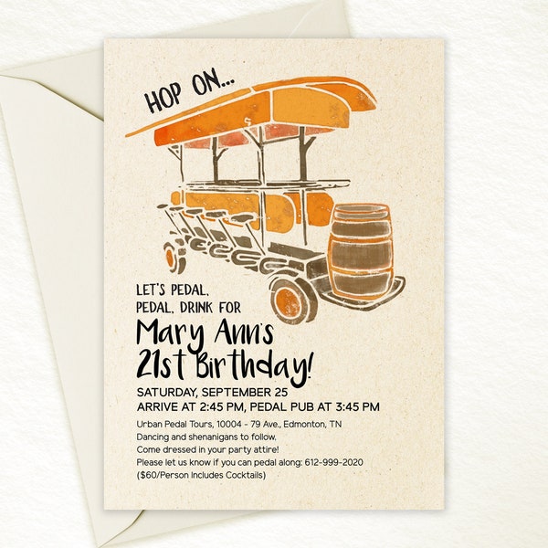 Pedal Pub Funny Adult Birthday Invitation Template, Printable Party Invite Evite, 30th 40th 50th 60th Man Woman Digital Download