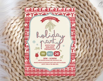 May include: A red and white holiday party invitation with a festive, knitted pattern. The invitation features the text "holiday party" and "rock your ugliest sweaters". The date and time of the party are listed as "Fri Dec 20, 3PM - 8:30PM".