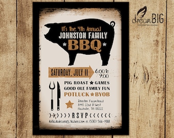 BBQ Pig Roast Invite Barbecue Party Invitation - Digital Design or Printed Invitations