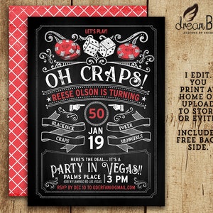 Oh Craps Birthday Invitation, Vegas Invite, Gambling Invite, Poker Party 5x7
