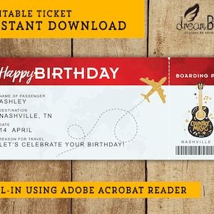 Birthday Concert Fake Plane Ticket - Printable Boarding Pass - Nashville Texas Music Surprise Trip Flight Gift - INSTANT DOWNLOAD - EDITABLE