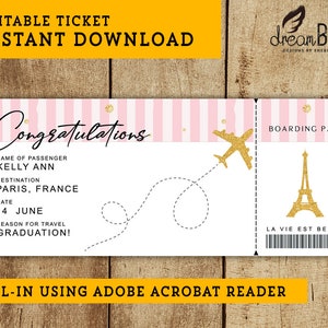 Félicitations Paris faux billet d'avion - carte d'embarquement imprimable - cadeau de retraite de fin d'études - TÉLÉCHARGEMENT INSTANTANÉ - texte modifiable