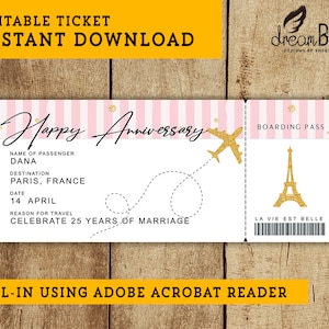 Anniversaire Paris faux billet d'avion - carte d'embarquement imprimable - voyage surprise ou vol cadeau de mariage - TÉLÉCHARGEMENT INSTANTANÉ - texte modifiable