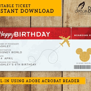Billet d’avion Disney d’anniversaire - Carte d’embarquement imprimable - Voyage surprise ou cadeau de vol - TÉLÉCHARGEMENT INSTANTANÉ - Texte MODIFIABLE