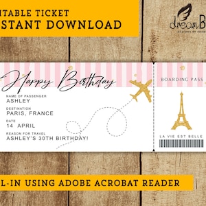 Geburtstag Paris Fake-Flugticket - druckbare Bordkarte - Überraschungsreise oder Flug Geschenk - SOFORTIGER DOWNLOAD - EDITIERBARER Text