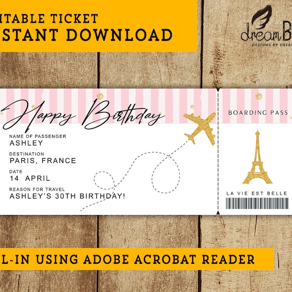 Birthday Paris Fake Plane Ticket - Printable Boarding Pass - Surprise Trip or Flight Gift - INSTANT DOWNLOAD - EDITABLE Text