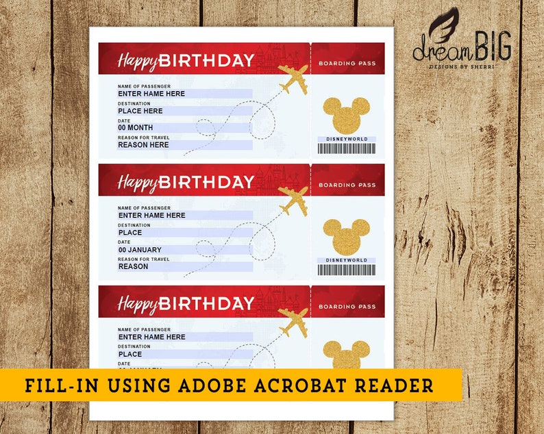 birthday disney plane ticket printable boarding pass etsy
