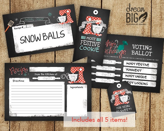 Christmas Cookie Exchange Party Recipe Cards Tags Ballot Ribbons // INSTANT DOWNLOAD