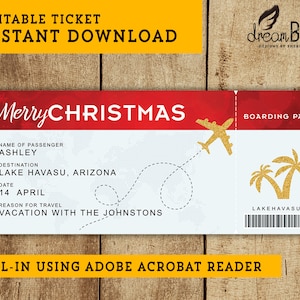 Bilhete de avião de Natal - Cartão de embarque para impressão - Viagem surpresa ou presente de voo - DOWNLOAD INSTANTÂNEO - Texto EDITÁVEL
