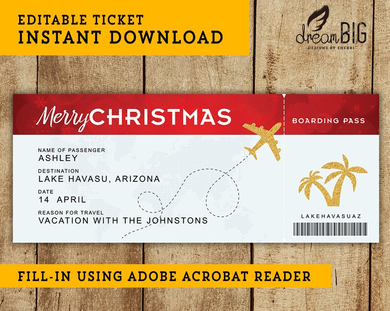 Christmas Plane Ticket Printable Boarding Pass Surprise Etsy
