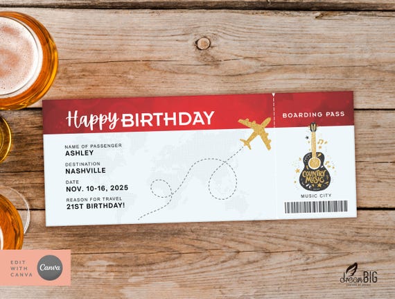 Editable Concert Ticket Template: Music Boarding Pass Gift, Nashville Birthday (Canva)