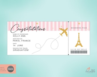 Paris Plane Ticket Template: Editable Boarding Pass, Travel Gift (Canva)