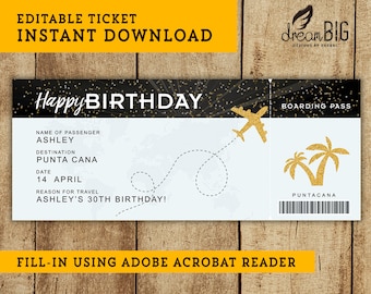 Birthday Fake Plane Ticket - Printable Boarding Pass - Surprise Trip or Flight Gift - INSTANT DOWNLOAD - EDITABLE Text