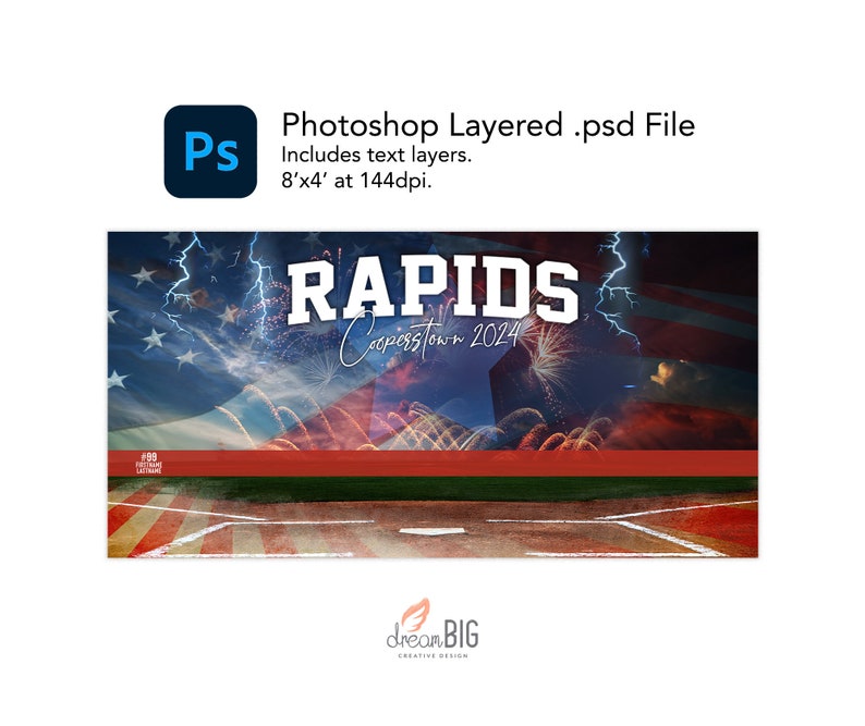 May include: A digital graphic design for a baseball team called "Rapids" from Cooperstown, New York. The design features a red, white and blue American flag with fireworks and lightning bolts. The team name is in white text with a black outline. The design is set against a baseball field background.