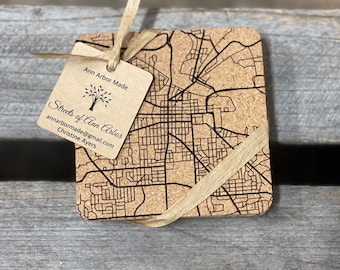 Cork Coasters Set, 100% Ann Arbor Map, Laser Engraved Set of 4