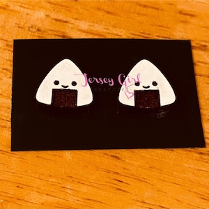 Onigiri Rice cute wooden stud earrings Japanese sushi kawaii seaweed food foodie life gift birthday painted diy