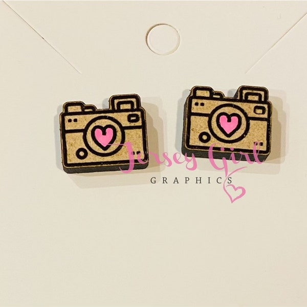 Wooden Camera stud earrings gift wood stainless jewelry custom heart cute picture photo photography photograph handmade