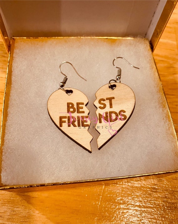 Best Friends Heart Valentine's Day Wooden Dangle Earrings Gift